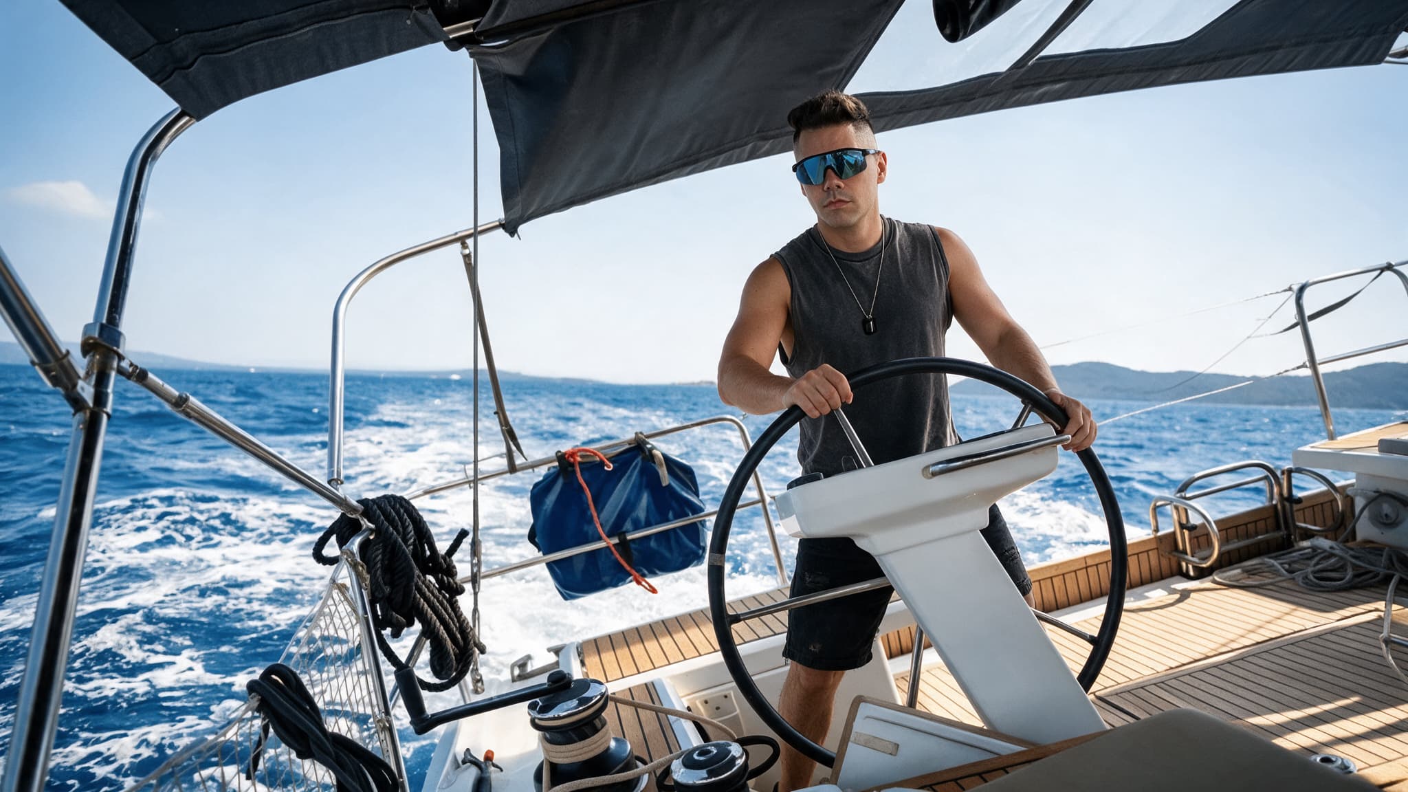 Luca Larice at the helm of a sailing boat